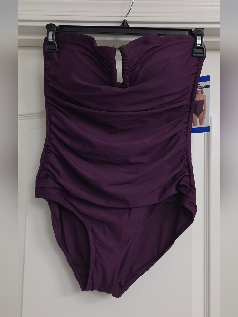 DKNY Strapless Ruched One-Piece Swimsuit in Deep Plum